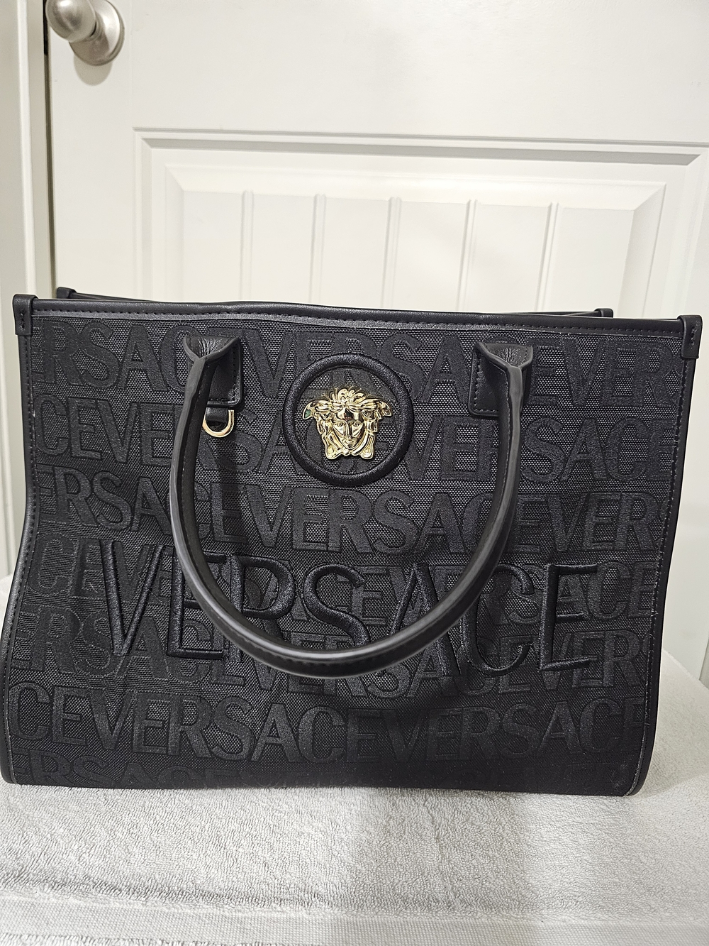 Versace Black Logo Jacquard Tote with Gold Medusa Crest